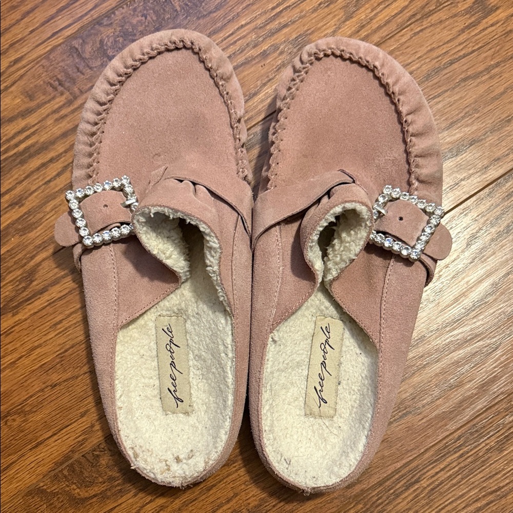Free People Women's Pink Suede Mules with Rhinestone Buckle